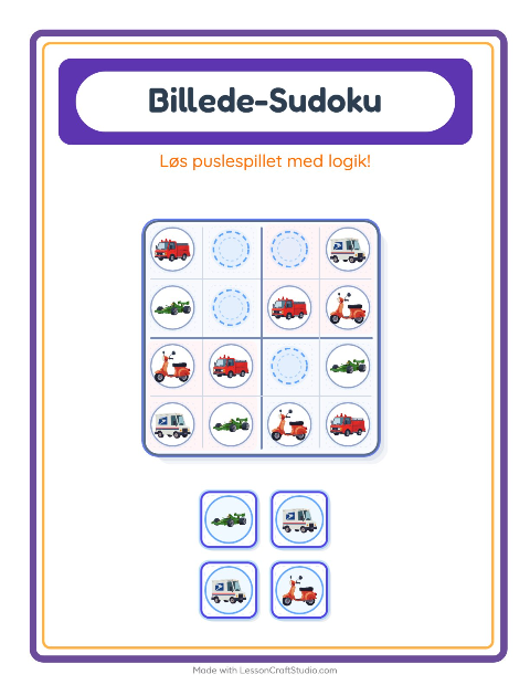 Forhåndsvisning af Billedsudoku-arbejdsark med Køretøjer til Børnehaveklasse