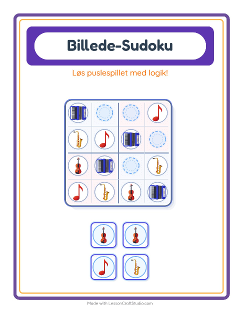 Forhåndsvisning af Billedsudoku-arbejdsark med Musik til Børnehaveklasse