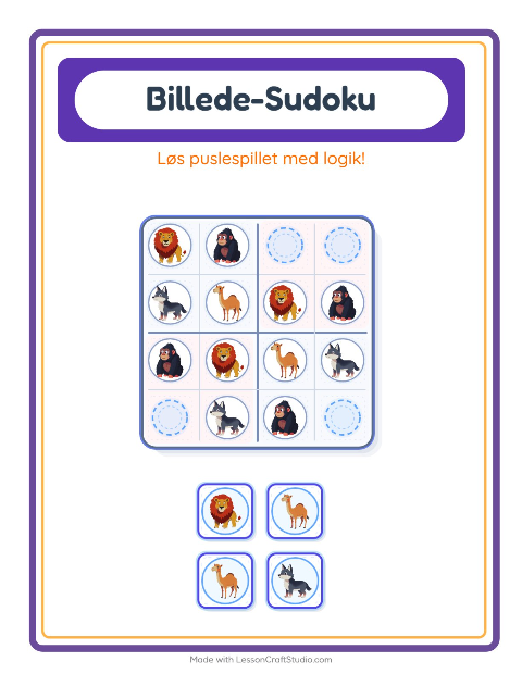 Forhåndsvisning af Billedsudoku-arbejdsark med Zoodyr til Børnehaveklasse