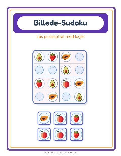 Forhåndsvisning af Billedsudoku-arbejdsark med Frugter til Børnehaveklasse