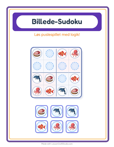 Forhåndsvisning af Billedsudoku-arbejdsark med Havliv til Børnehaveklasse