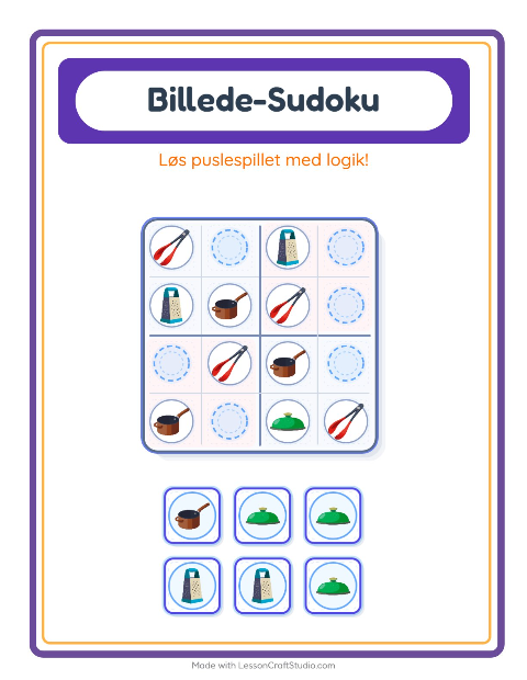 Forhåndsvisning af Sudoku for børn (mellem): køkkenredskaber – opgave med billeder