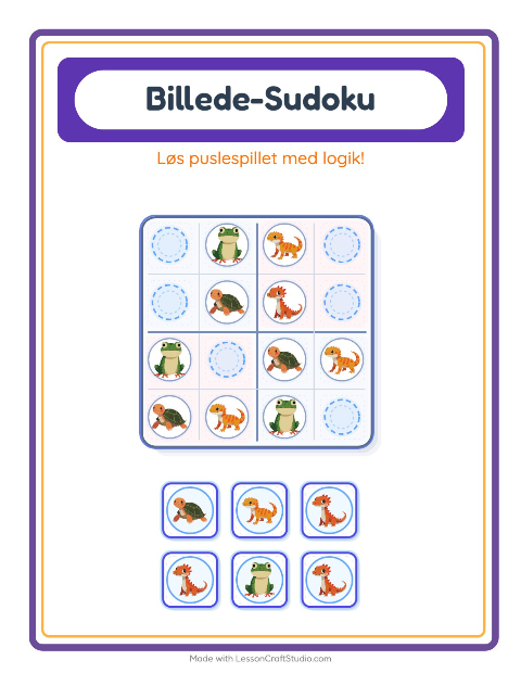 Forhåndsvisning af Billedsudoku-arbejdsark med Krybdyr og padder til Børnehaveklasse