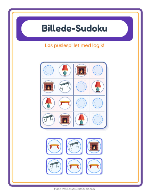 Forhåndsvisning af Billedsudoku-arbejdsark med Rundt i huset til Børnehaveklasse