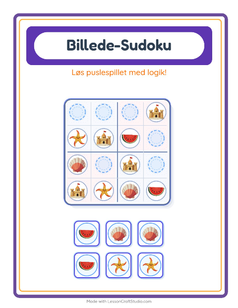 Forhåndsvisning af Billedsudoku-arbejdsark med Sommer til Børnehaveklasse