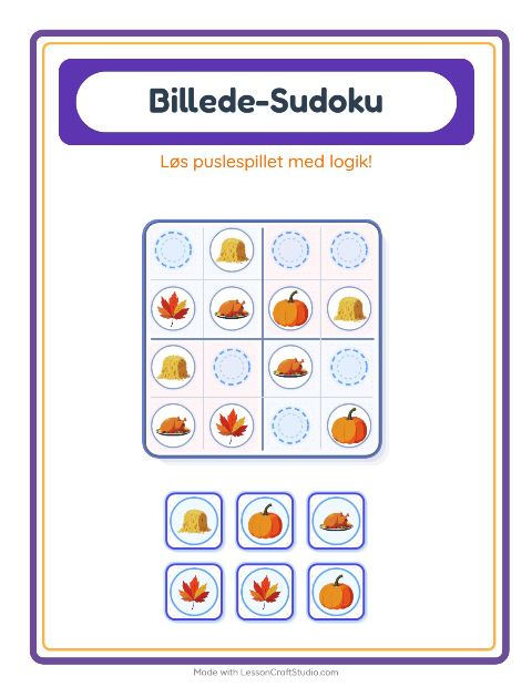 Forhåndsvisning af Billedsudoku-arbejdsark med Thanksgiving til Børnehaveklasse