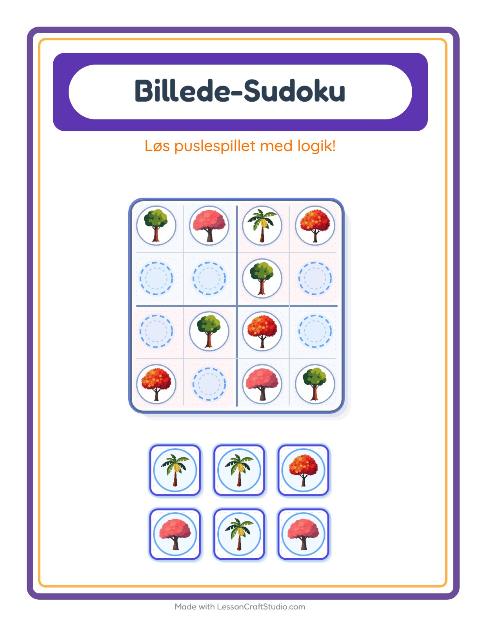 Forhåndsvisning af Billedsudoku-arbejdsark med Træer til Børnehaveklasse