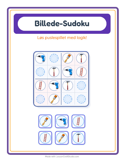 Forhåndsvisning af Billedsudoku-arbejdsark med Værktøj til Børnehaveklasse