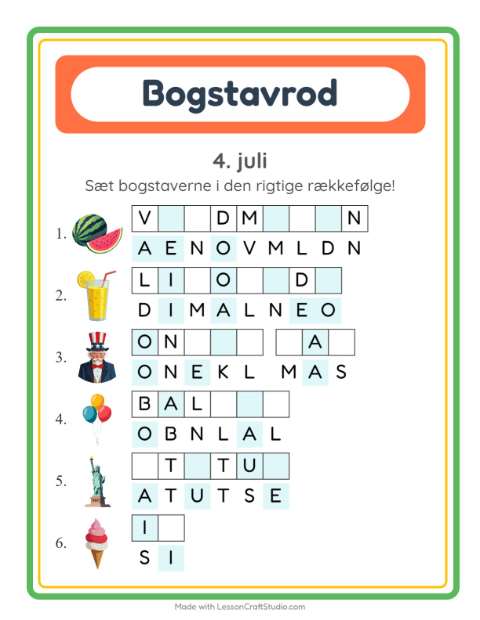 Forhåndsvisning af Bogstavpuslespil-arbejdsark med 4. juli til 1. klasse