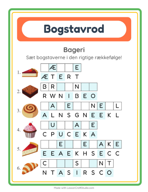 Forhåndsvisning af Bogstavpuslespil-arbejdsark med Bageri til 1. klasse