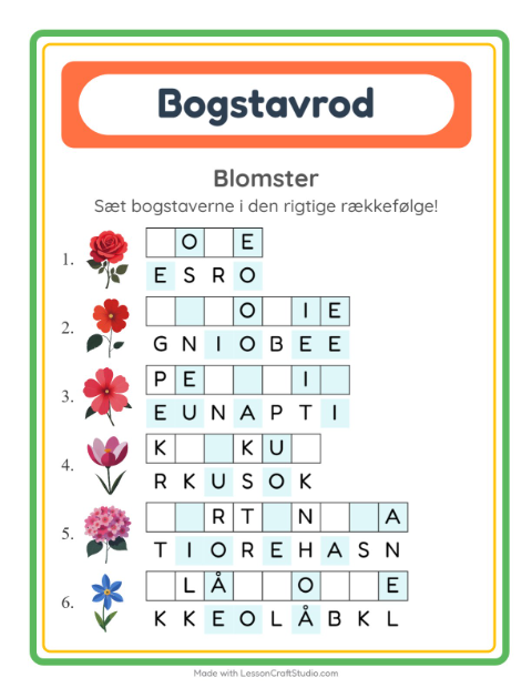 Forhåndsvisning af Byg et ord: korte ord med blomster – opgave til 1. klasse