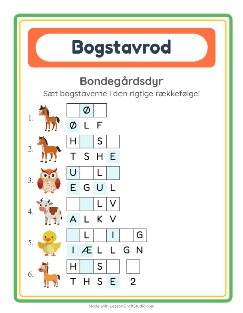 Forhåndsvisning af Bogstavpuslespil-arbejdsark med Bondegårdsdyr til 1. klasse