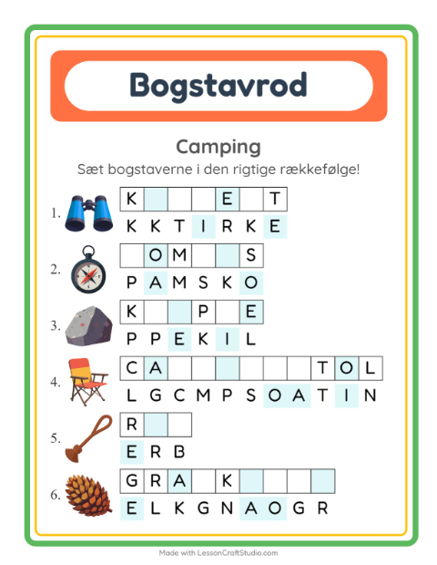 Forhåndsvisning af Byg et ord: korte ord med telte – opgave til 1. klasse