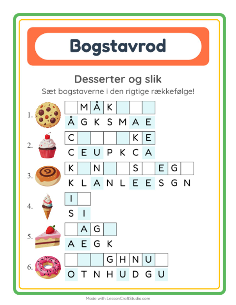 Forhåndsvisning af Bogstavpuslespil-arbejdsark med Desserter og slik til 1. klasse
