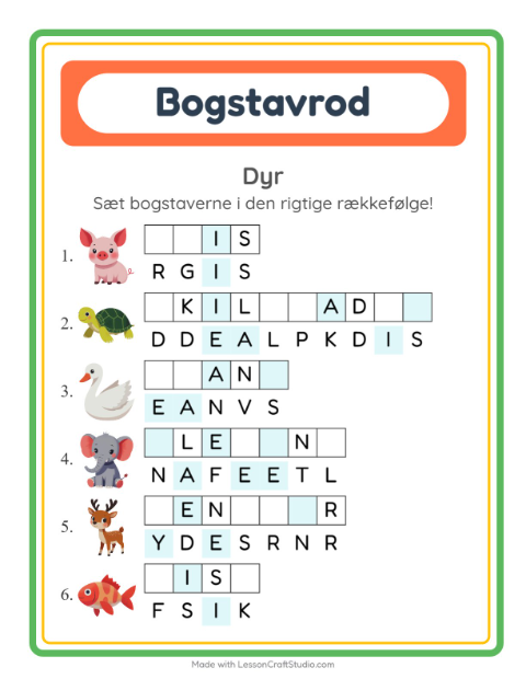 Forhåndsvisning af Bogstavpuslespil-arbejdsark med Dyr til 1. klasse