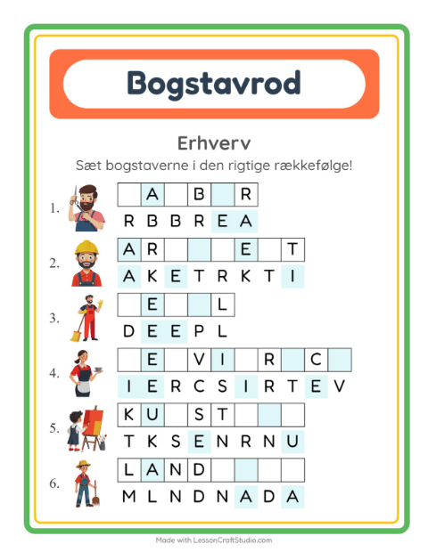 Forhåndsvisning af Bogstavpuslespil-arbejdsark med Erhverv til 1. klasse