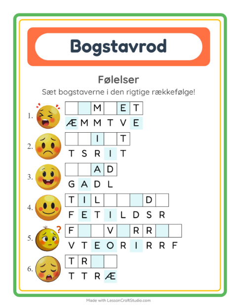 Forhåndsvisning af Bogstavpuslespil-arbejdsark med Følelser til 1. klasse