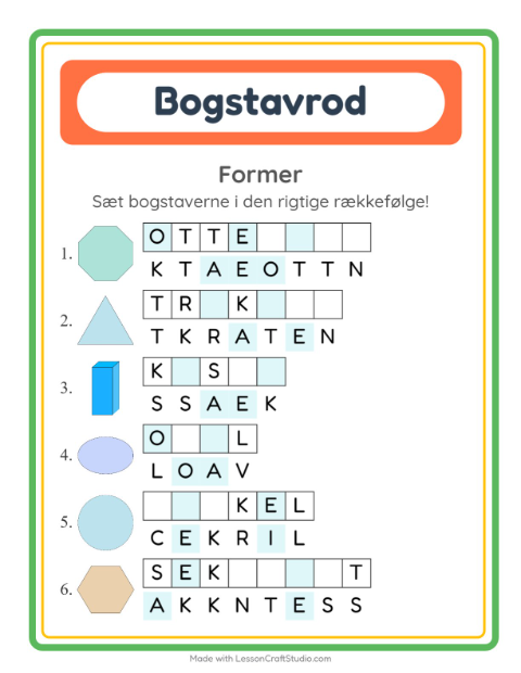 Forhåndsvisning af Bogstavpuslespil-arbejdsark med Former til 1. klasse