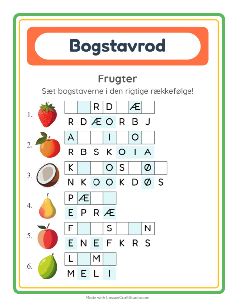 Forhåndsvisning af Bogstavpuslespil-arbejdsark med Frugter til 1. klasse