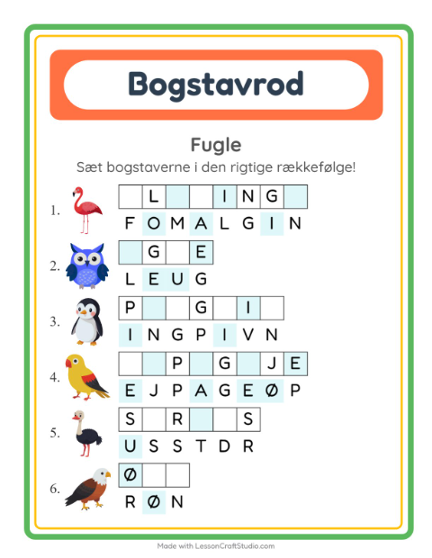 Forhåndsvisning af Bogstavpuslespil-arbejdsark med Fugle til 1. klasse