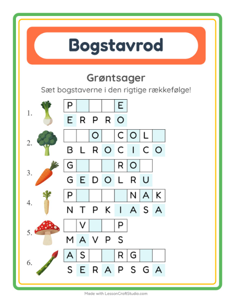 Forhåndsvisning af Bogstavpuslespil-arbejdsark med Grøntsager til 1. klasse
