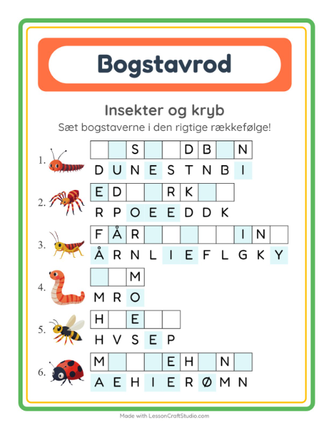Forhåndsvisning af Bogstavpuslespil-arbejdsark med Insekter og kryb til 1. klasse