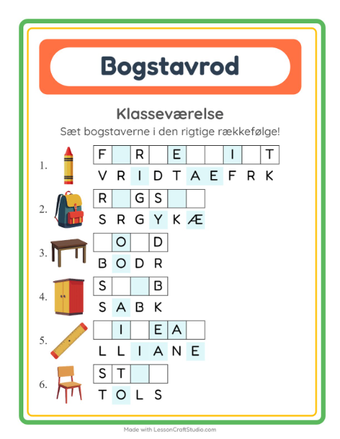 Forhåndsvisning af Bogstavpuslespil-arbejdsark med Klasseværelse til 1. klasse