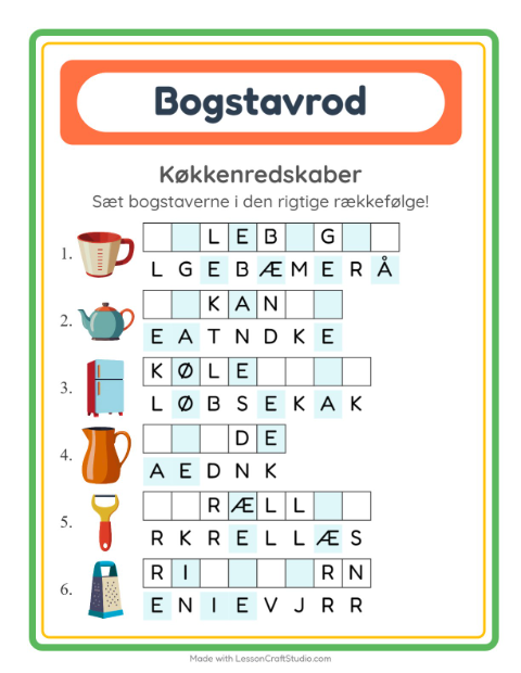 Forhåndsvisning af Byg et ord: korte ord med køkkenredskaber – opgave til 1. klasse