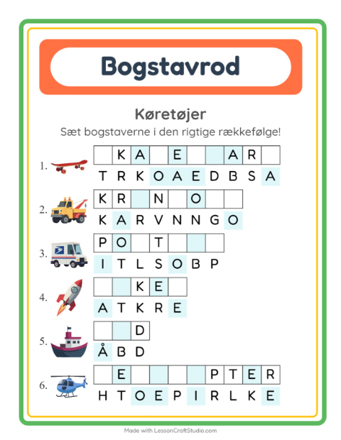 Forhåndsvisning af Bogstavpuslespil-arbejdsark med Køretøjer til 1. klasse