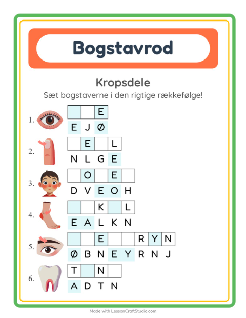 Forhåndsvisning af Bogstavpuslespil-arbejdsark med Kropsdele til 1. klasse