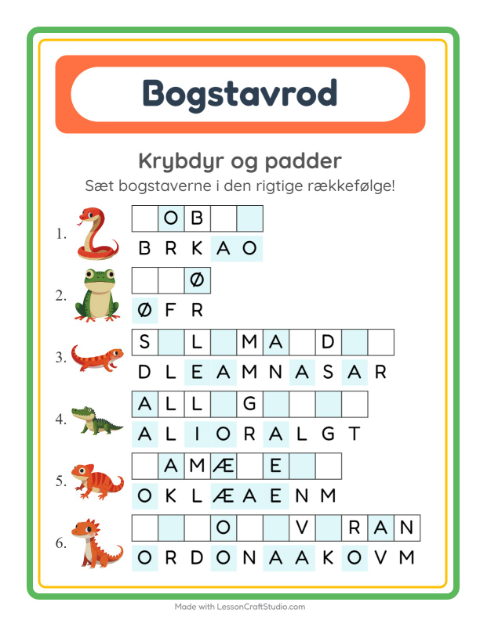 Forhåndsvisning af Bogstavpuslespil-arbejdsark med Krybdyr og padder til 1. klasse