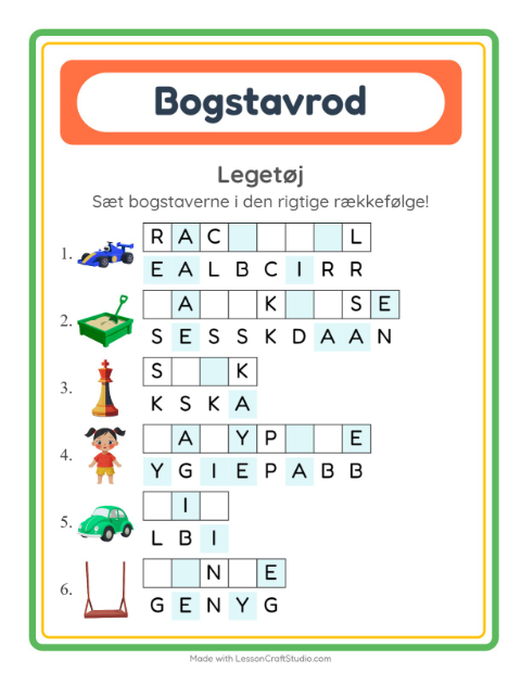 Forhåndsvisning af Bogstavpuslespil-arbejdsark med Legetøj til 1. klasse
