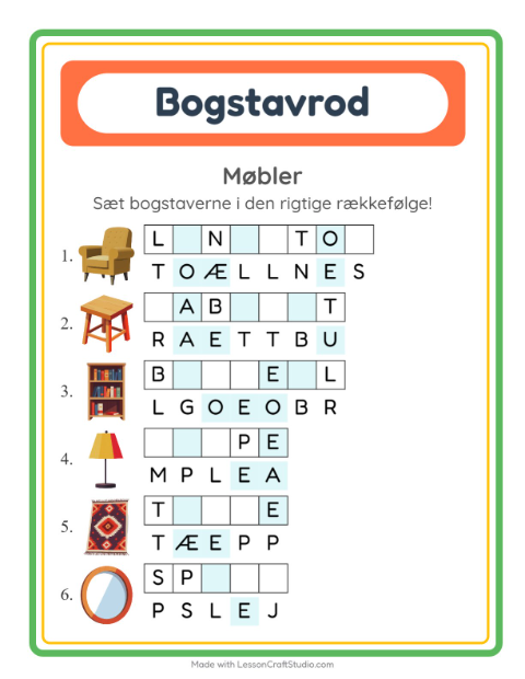 Forhåndsvisning af Bogstavpuslespil-arbejdsark med Møbler til 1. klasse