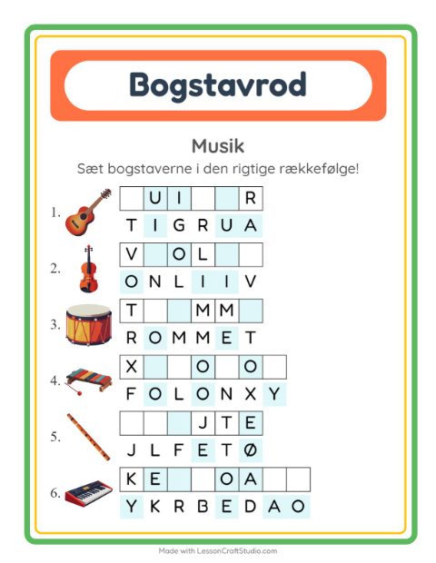 Forhåndsvisning af Bogstavpuslespil-arbejdsark med Musik til 1. klasse