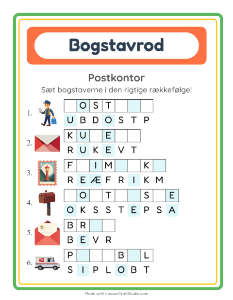 Forhåndsvisning af Bogstavpuslespil-arbejdsark med Postkontor til 1. klasse