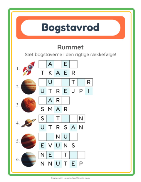 Forhåndsvisning af Bogstavpuslespil-arbejdsark med Rummet til 1. klasse