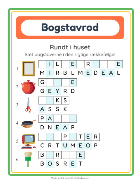 Forhåndsvisning af Bogstavpuslespil-arbejdsark med Rundt i huset til 1. klasse
