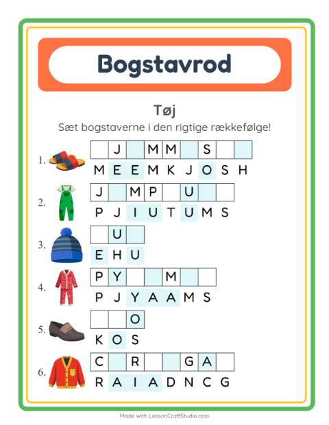 Forhåndsvisning af Bogstavpuslespil-arbejdsark med Tøj til 1. klasse