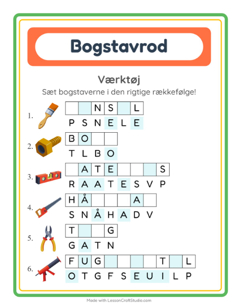 Forhåndsvisning af Bogstavpuslespil-arbejdsark med Værktøj til 1. klasse