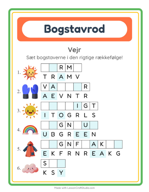Forhåndsvisning af Bogstavpuslespil-arbejdsark med Vejr til 1. klasse