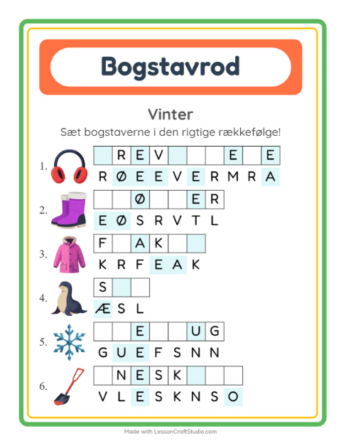 Forhåndsvisning af Bogstavpuslespil-arbejdsark med Vinter til 1. klasse