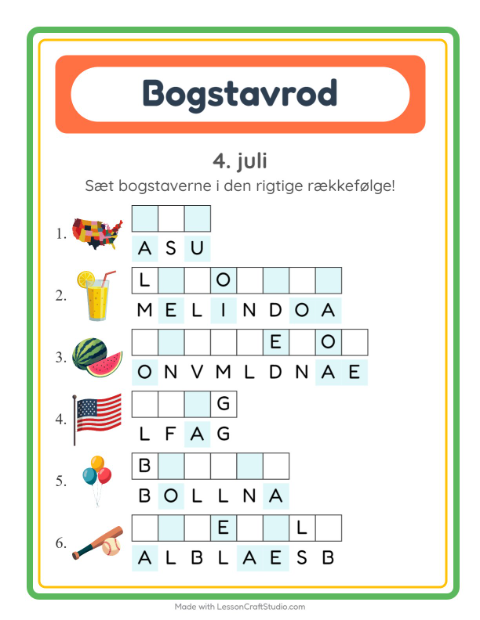 Forhåndsvisning af Bogstavpuslespil-arbejdsark med 4. juli til 1. klasse