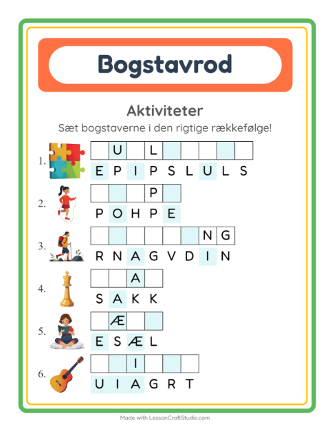 Forhåndsvisning af Bogstavpuslespil-arbejdsark med Aktiviteter til 1. klasse