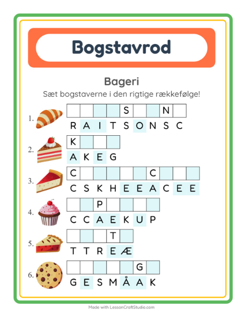 Forhåndsvisning af Bogstavpuslespil-arbejdsark med Bageri til 1. klasse