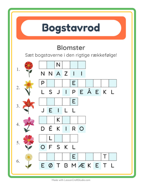 Forhåndsvisning af Bogstavpuslespil-arbejdsark med Blomster til 1. klasse