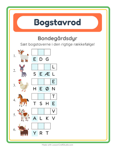 Forhåndsvisning af Bogstavpuslespil-arbejdsark med Bondegårdsdyr til 1. klasse