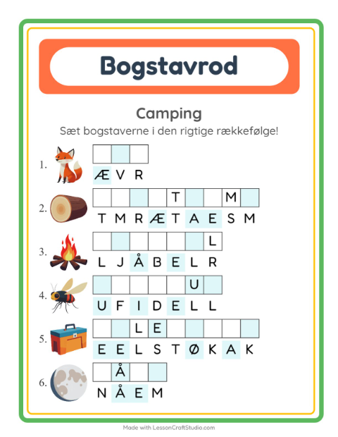 Forhåndsvisning af Bogstavpuslespil-arbejdsark med Camping til 1. klasse