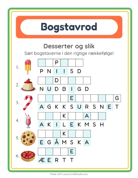 Forhåndsvisning af Bogstavpuslespil-arbejdsark med Desserter og slik til 1. klasse