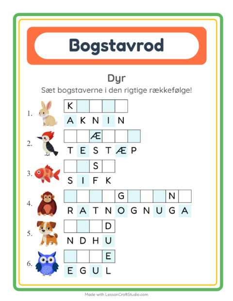 Forhåndsvisning af Bogstavpuslespil-arbejdsark med Dyr til 1. klasse