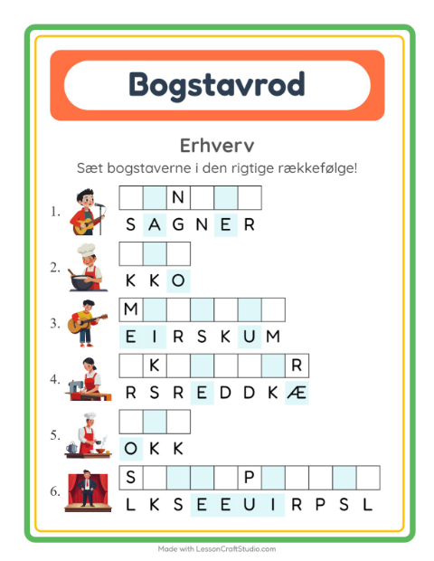Forhåndsvisning af Bogstavpuslespil-arbejdsark med Erhverv til 1. klasse